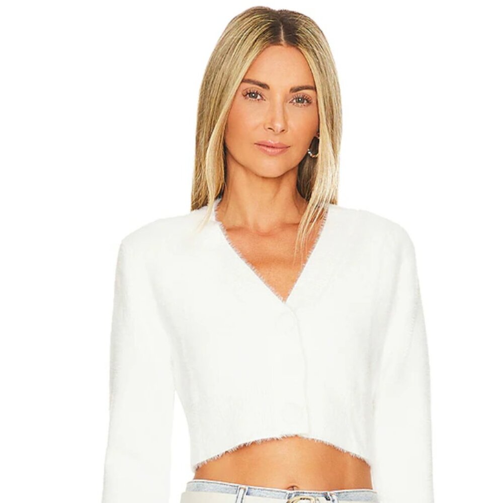 Women's White Cropped V-Neck Button Cardigan